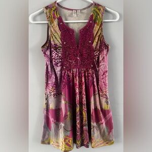 Madison Petite PP Sleeveless Boho Print Top Crochet 
Lace Pink Blouse